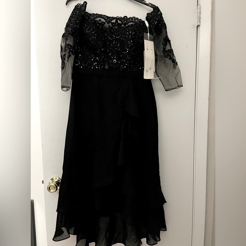 JJ’s House off the shoulder 3/4 sleeve high low wedding guest dress brand new.